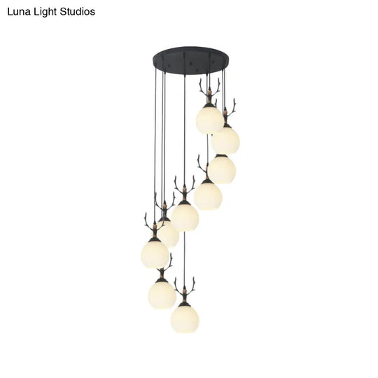 Spiral Milky Glass Multi Pendant Simple Hanging Ceiling Light In Black For Stairs Lighting