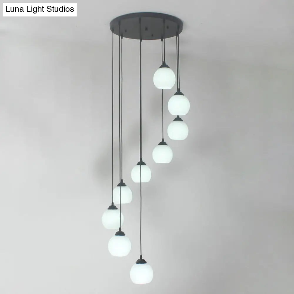 Spiral Milky Glass Multi Pendant Simple Hanging Ceiling Light In Black For Stairs Lighting