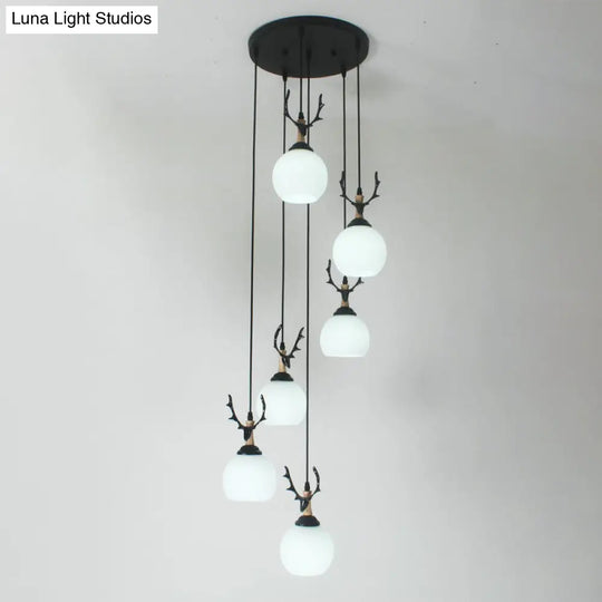 Spiral Milky Glass Multi Pendant Simple Hanging Ceiling Light In Black For Stairs Lighting