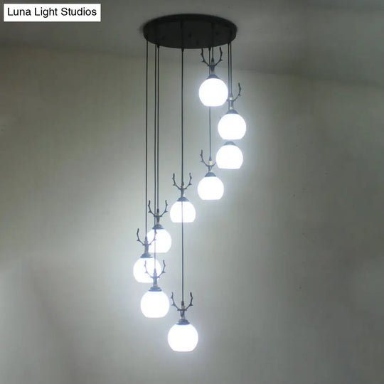 Spiral Milky Glass Multi Pendant Simple Hanging Ceiling Light In Black For Stairs Lighting