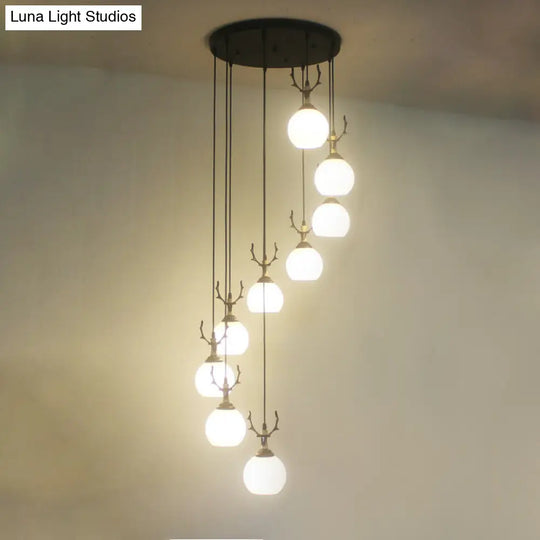 Spiral Milky Glass Multi Pendant Simple Hanging Ceiling Light In Black For Stairs Lighting