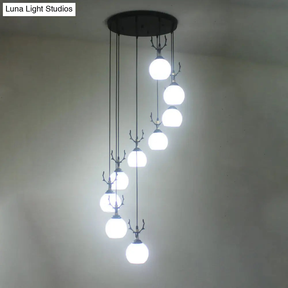 Black Milky Glass Spiral Multi Pendant Ceiling Light For Stairs