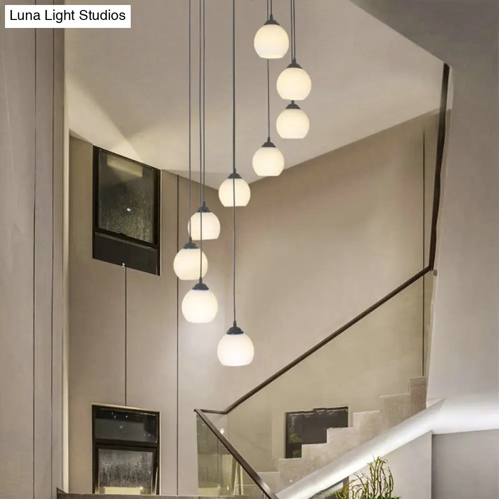 Black Milky Glass Spiral Multi Pendant Ceiling Light For Stairs 9 / White A