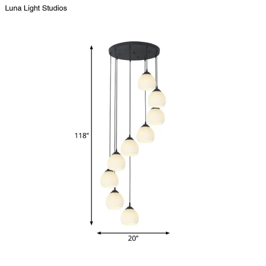 Spiral Milky Glass Multi Pendant Simple Hanging Ceiling Light In Black For Stairs Lighting