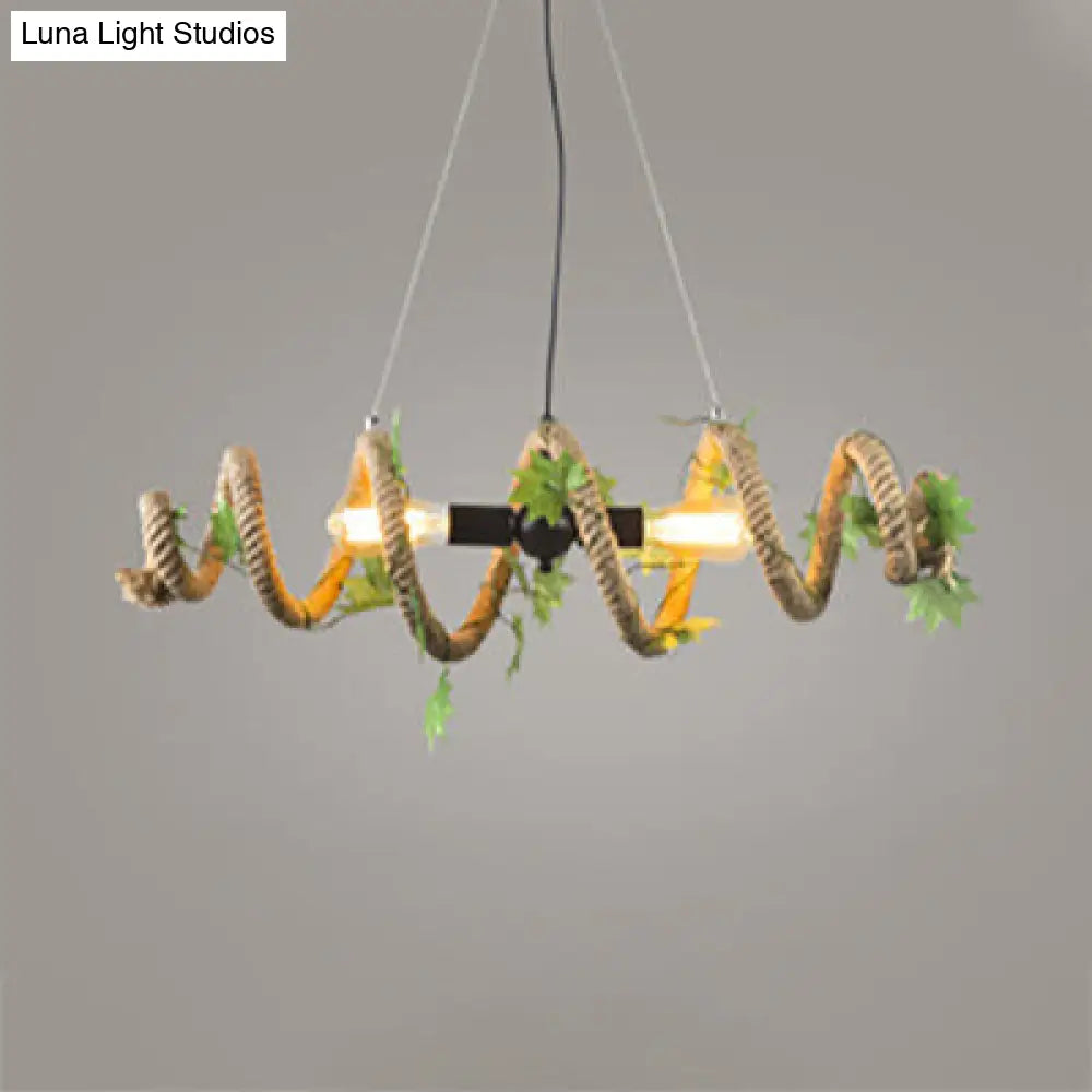 Country Style Spiral Pendant Lighting With Open Bulb - 2 Heads Beige Rope Hanging Ceiling Light For