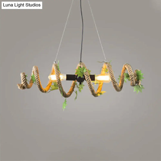 Country Style Spiral Pendant Lighting With Open Bulb - 2 Heads Beige Rope Hanging Ceiling Light For