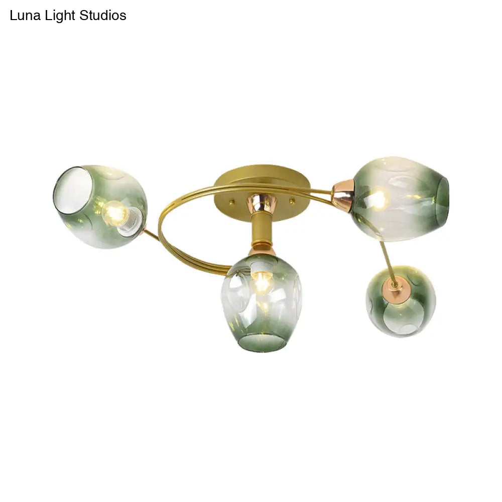 Spiral Semi Flush Mount Light - Modern Iron 4 - Head Gold Ceiling Lamp With Green Dimpled Glass