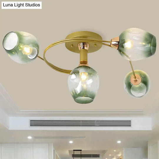 Spiral Semi Flush Mount Light - Modern Iron 4-Head Gold Ceiling Lamp With Green Dimpled Glass Shade