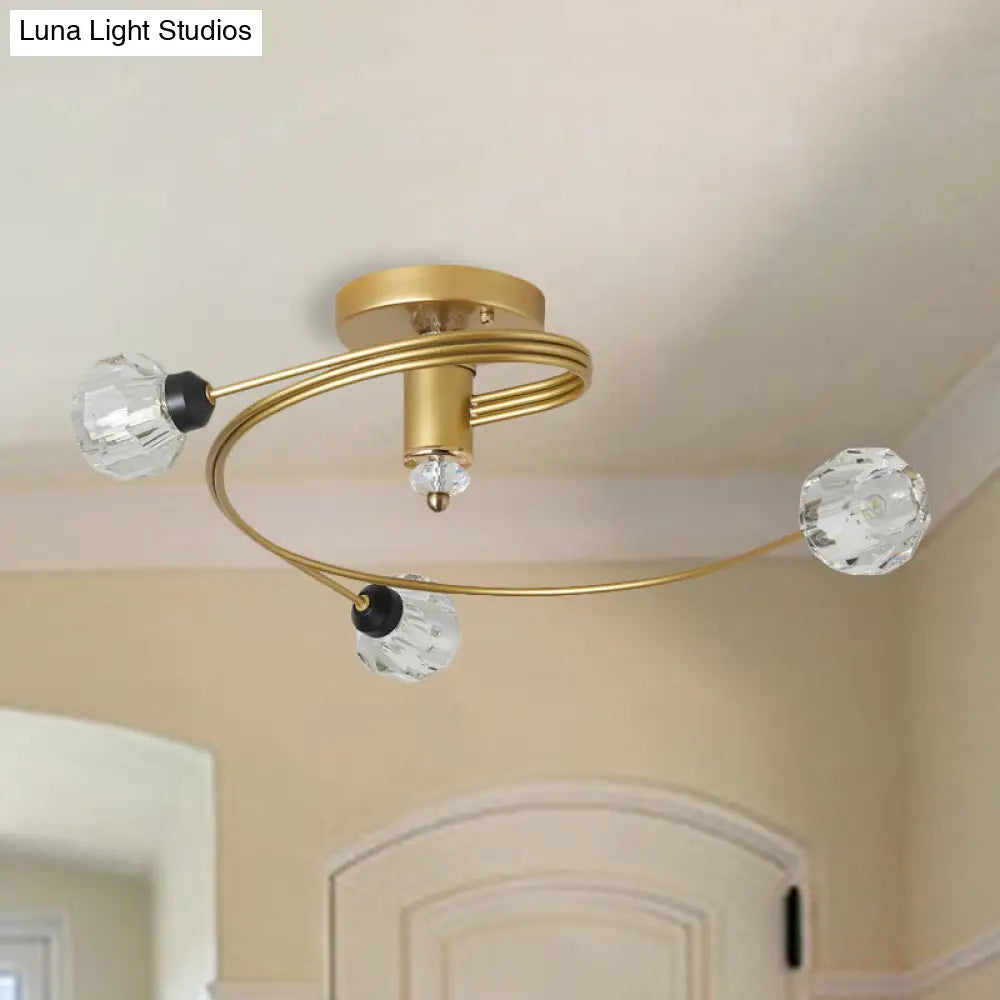 Spiral Semi Flush Traditional Glass/Crystal Bedroom Ceiling Light Fixture - Brass Finish / B