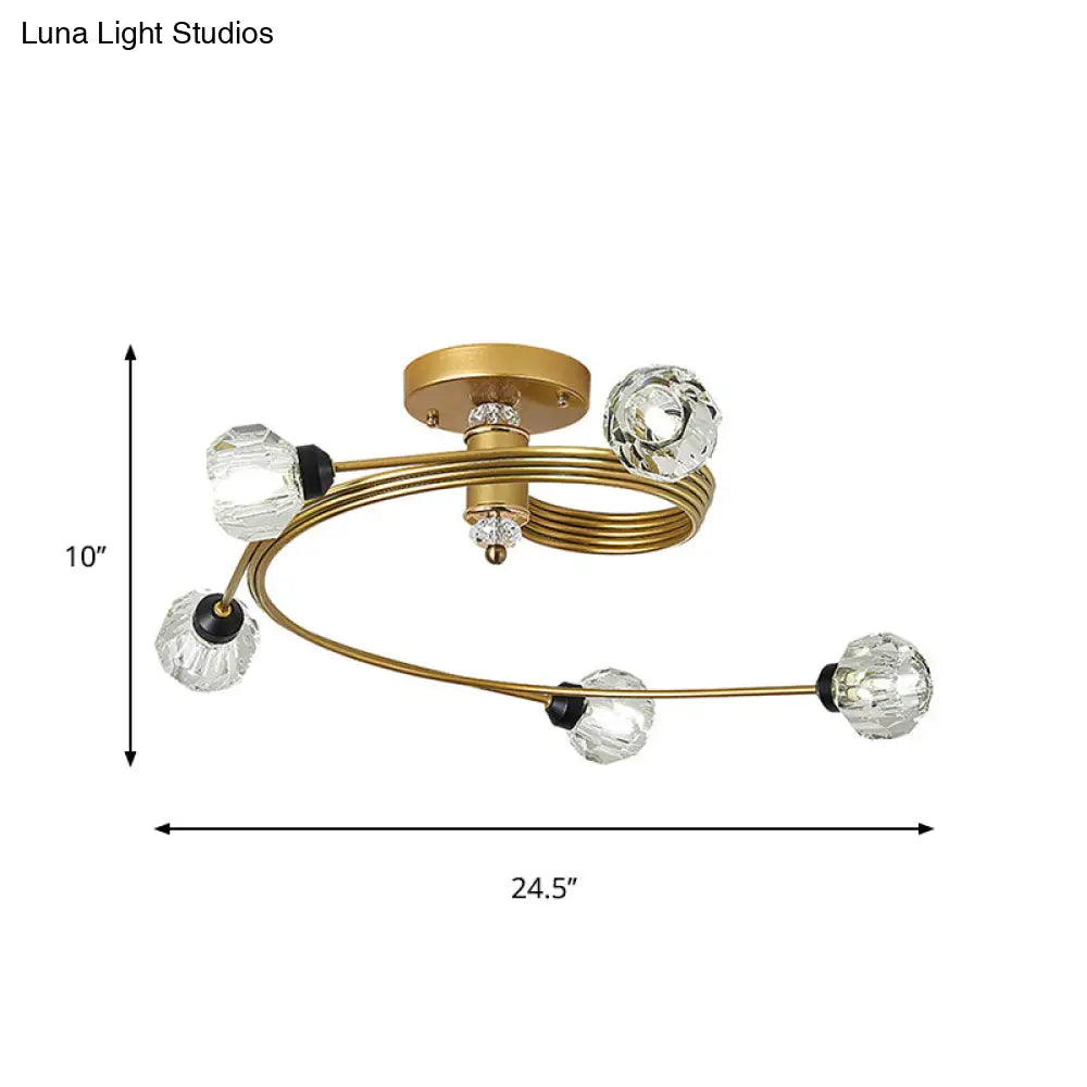 Spiral Semi Flush Traditional Glass/Crystal Bedroom Ceiling Light Fixture - Brass Finish