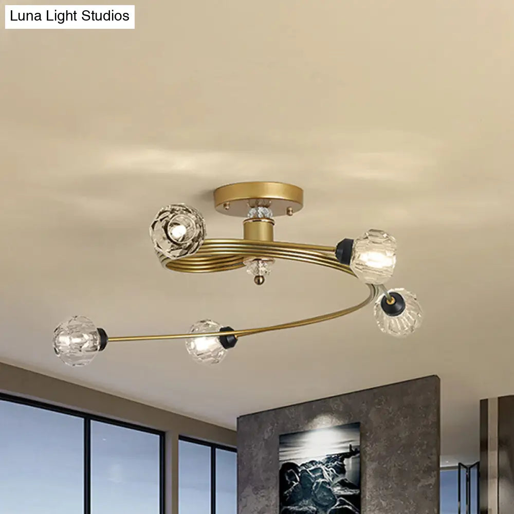 Spiral Semi Flush Traditional Glass/Crystal Bedroom Ceiling Light Fixture - Brass Finish / A