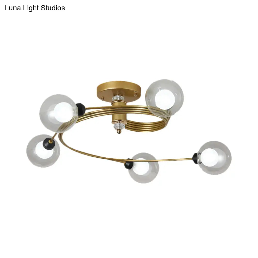 Spiral Semi Flush Traditional Glass/Crystal Bedroom Ceiling Light Fixture - Brass Finish