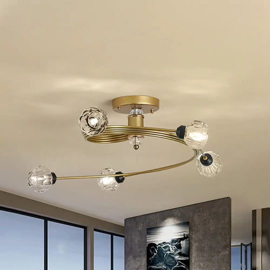 Spiral Semi Flush Traditional Glass/Crystal Bedroom Ceiling Light Fixture - Brass Finish / A