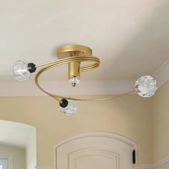 Spiral Semi Flush Traditional Glass/Crystal Bedroom Ceiling Light Fixture - Brass Finish / B