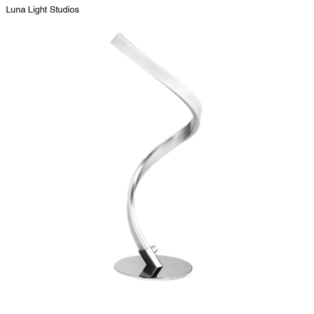 Minimalist Silver Led Nightstand Lamp - Spiral Shaped Metal Table Lighting With Single Bulb