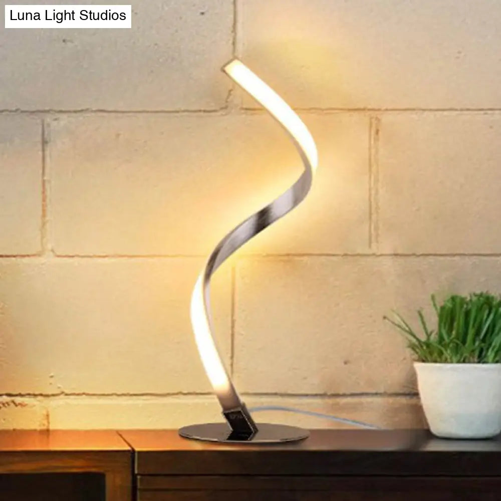 Minimalist Silver Led Nightstand Lamp - Spiral Shaped Metal Table Lighting With Single Bulb