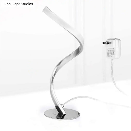 Minimalist Silver Led Nightstand Lamp - Spiral Shaped Metal Table Lighting With Single Bulb / White