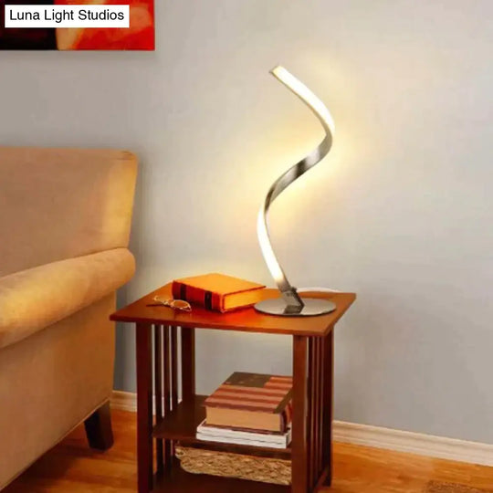 Minimalist Silver Led Nightstand Lamp - Spiral Shaped Metal Table Lighting With Single Bulb