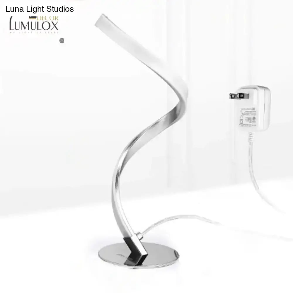 Spiral Shaped Metal Table Lighting Minimalist Single Bulb Silver Led Nightstand Lamp