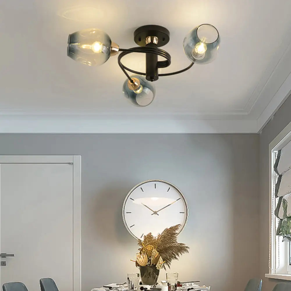 Spiraling Semi Flush Light With Dimpled Glass Shade For Postmodern Ceiling In Bedroom 3 / Black Blue