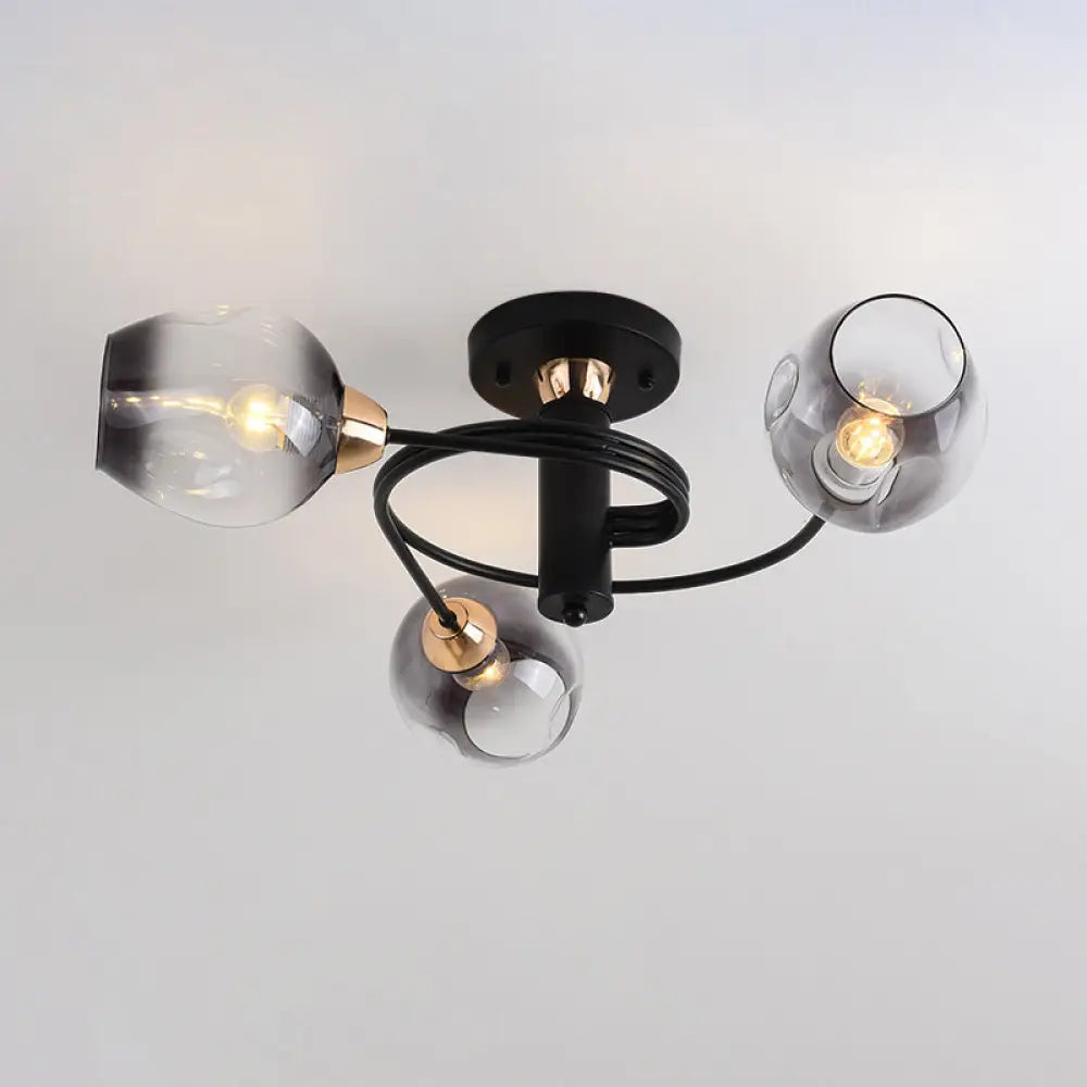 Spiraling Semi Flush Light With Dimpled Glass Shade For Postmodern Ceiling In Bedroom 3 / Black
