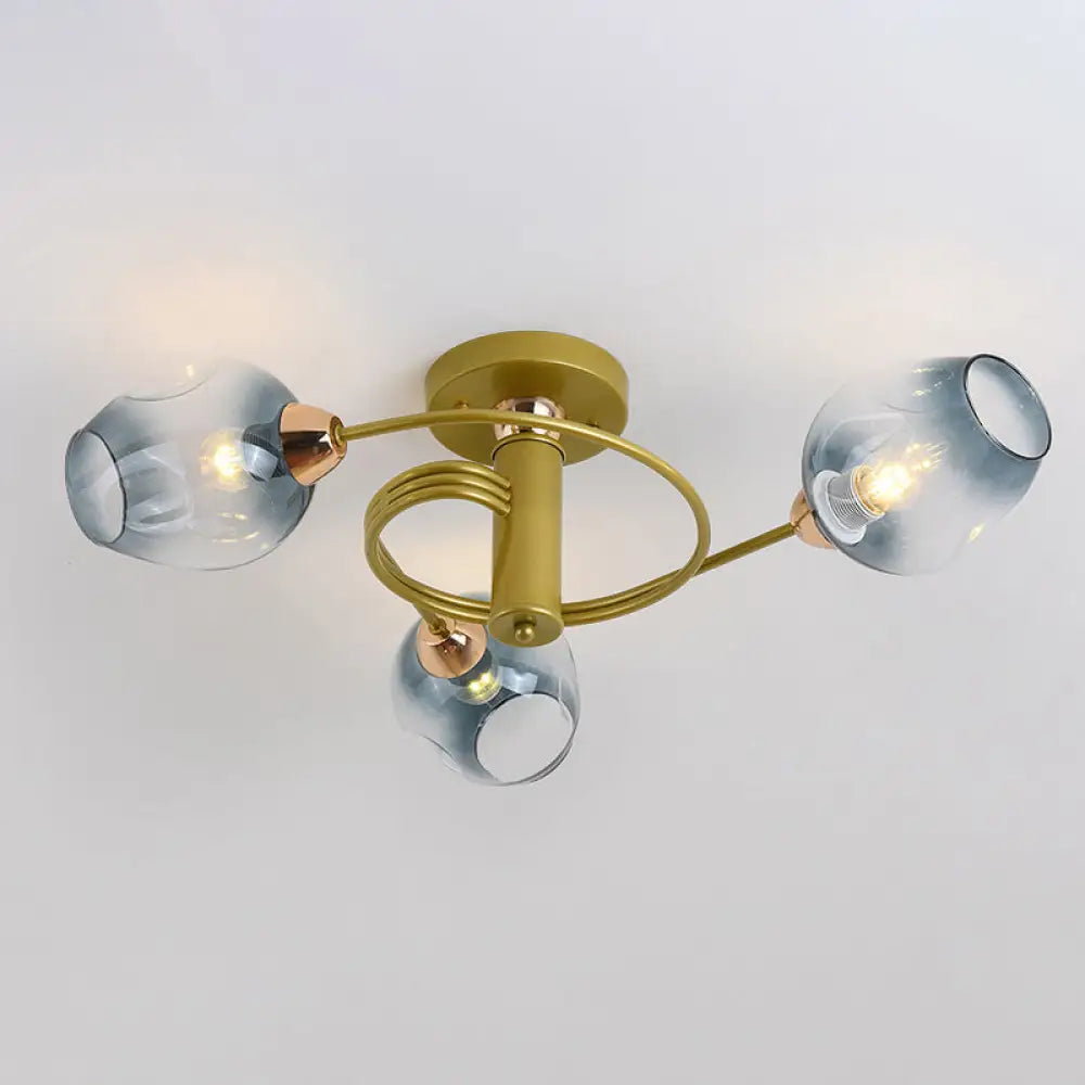 Spiraling Semi Flush Light With Dimpled Glass Shade For Postmodern Ceiling In Bedroom 3 / Gold Blue
