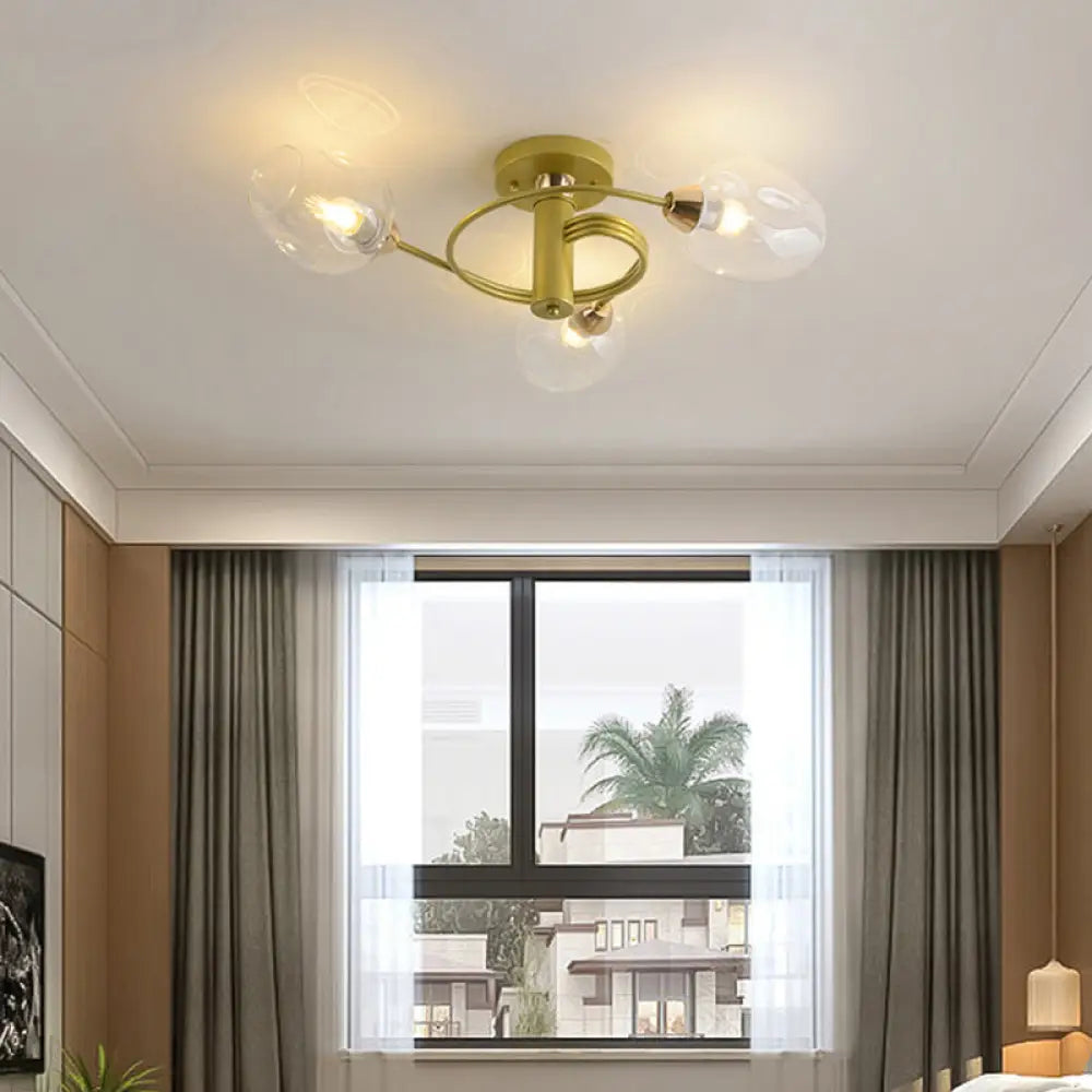 Spiraling Semi Flush Light With Dimpled Glass Shade For Postmodern Ceiling In Bedroom 3 / Gold Clear