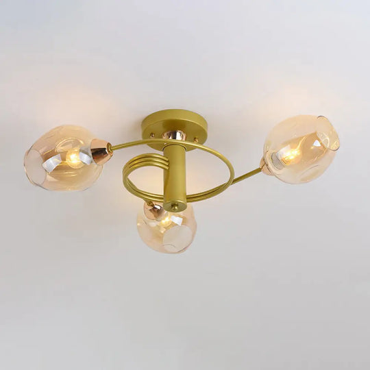 Spiraling Semi Flush Light With Dimpled Glass Shade For Postmodern Ceiling In Bedroom 3 / Gold
