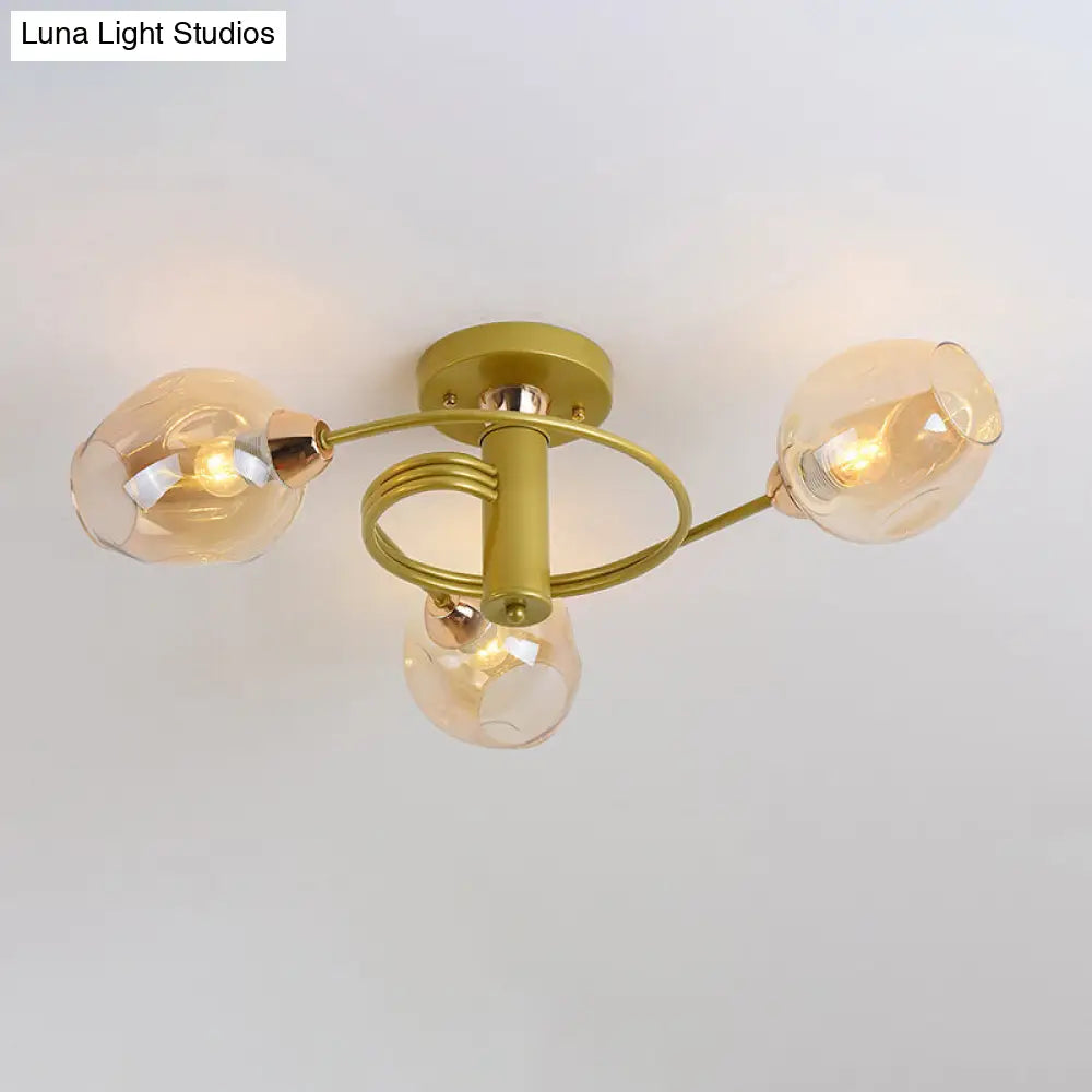 Spiraling Semi Flush Light With Dimpled Glass Shade For Postmodern Ceiling In Bedroom 3 / Gold