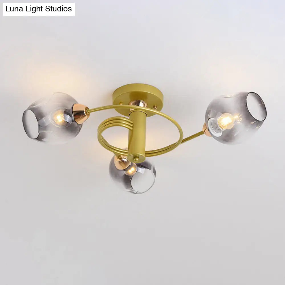 Spiraling Semi Flush Light With Dimpled Glass Shade For Postmodern Ceiling In Bedroom 3 / Gold Smoke