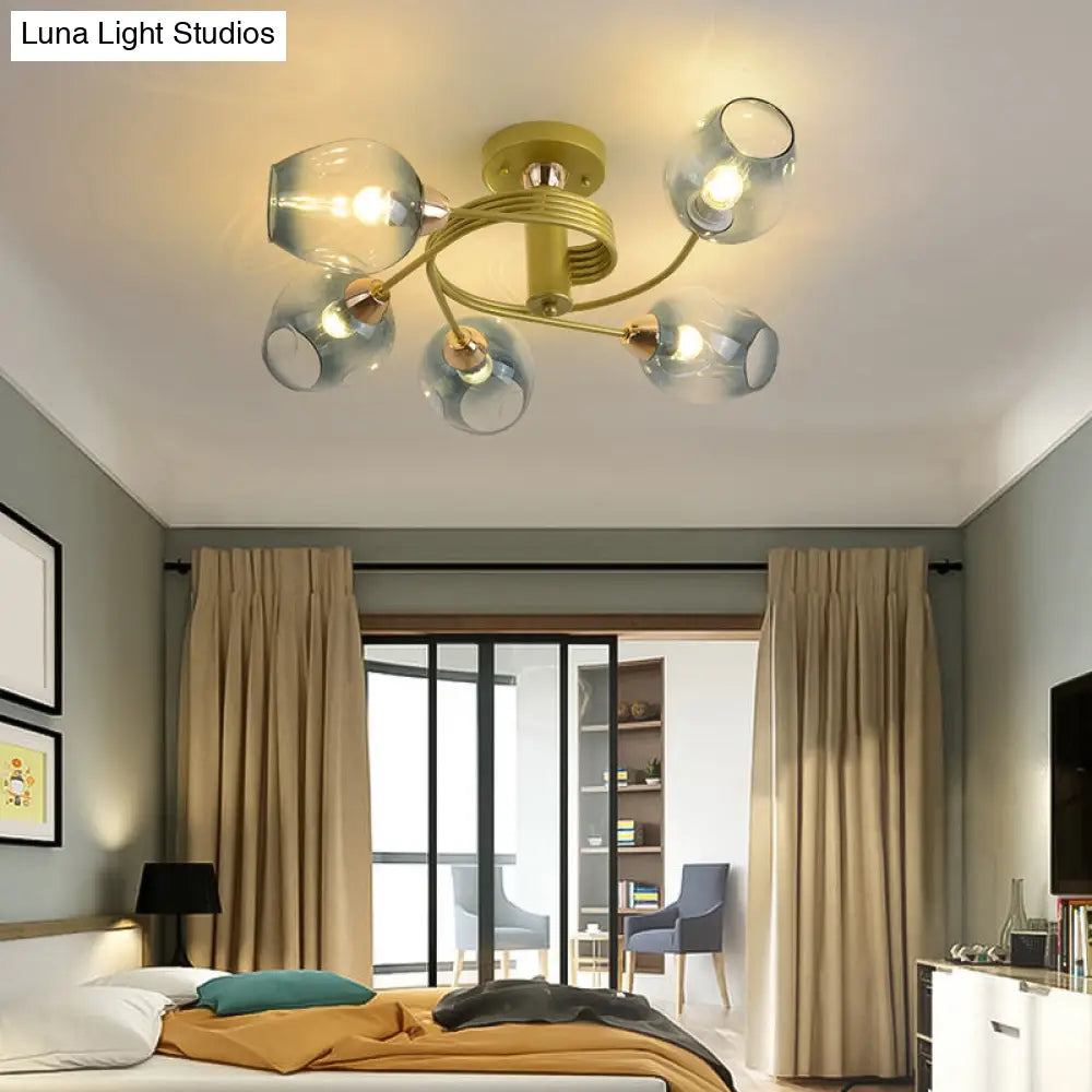 Spiraling Semi Flush Light With Dimpled Glass Shade For Postmodern Ceiling In Bedroom
