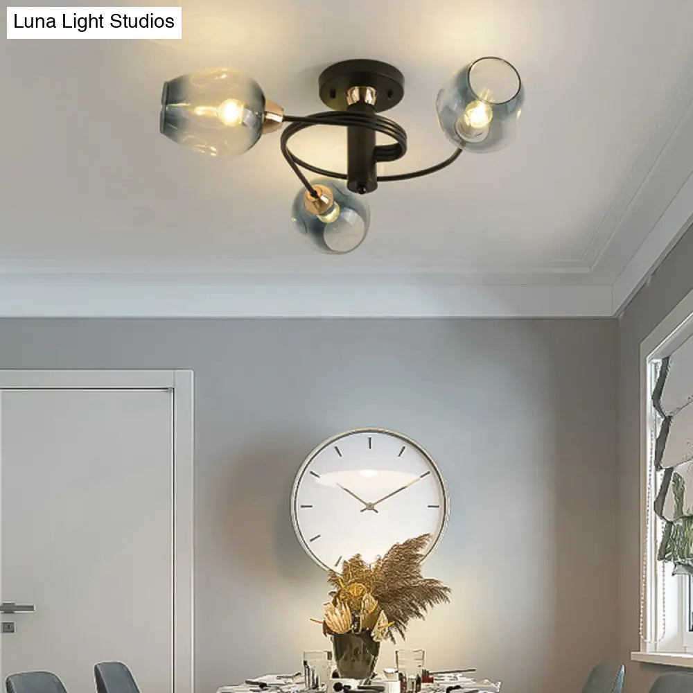Spiraling Semi Flush Light With Dimpled Glass Shade For Postmodern Ceiling In Bedroom 3 / Black Blue