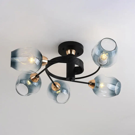 Spiraling Semi Flush Light With Dimpled Glass Shade For Postmodern Ceiling In Bedroom 5 / Black Blue