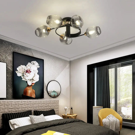 Spiraling Semi Flush Light With Dimpled Glass Shade For Postmodern Ceiling In Bedroom 5 / Black