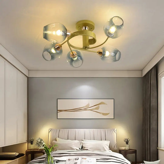 Spiraling Semi Flush Light With Dimpled Glass Shade For Postmodern Ceiling In Bedroom 5 / Gold Blue