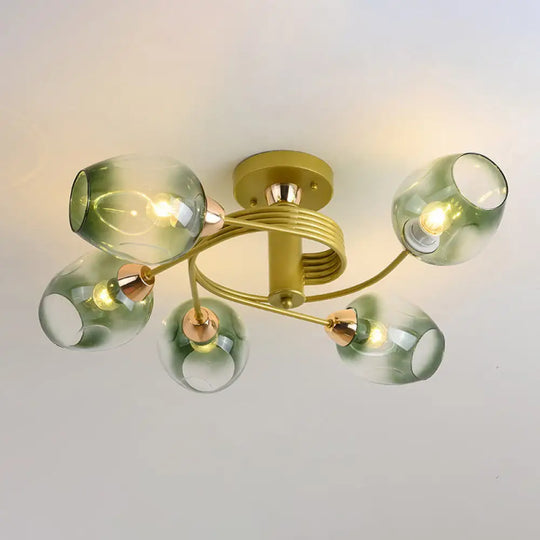 Spiraling Semi Flush Light With Dimpled Glass Shade For Postmodern Ceiling In Bedroom 5 / Gold Green