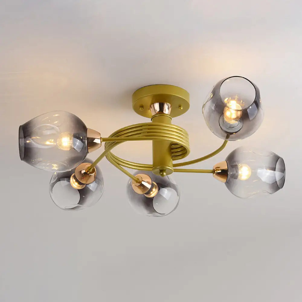 Spiraling Semi Flush Light With Dimpled Glass Shade For Postmodern Ceiling In Bedroom 5 / Gold