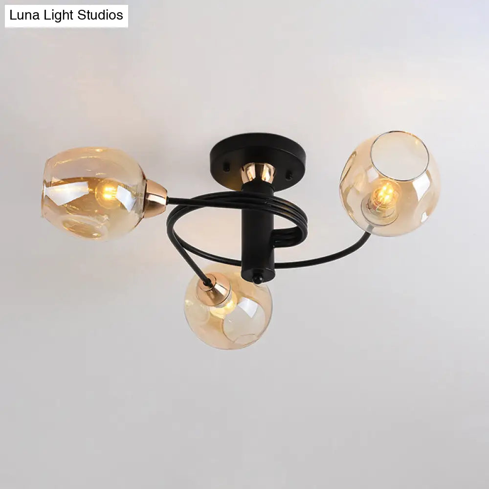 Spiraling Semi Flush Light With Dimpled Glass Shade For Postmodern Ceiling In Bedroom 3 / Black