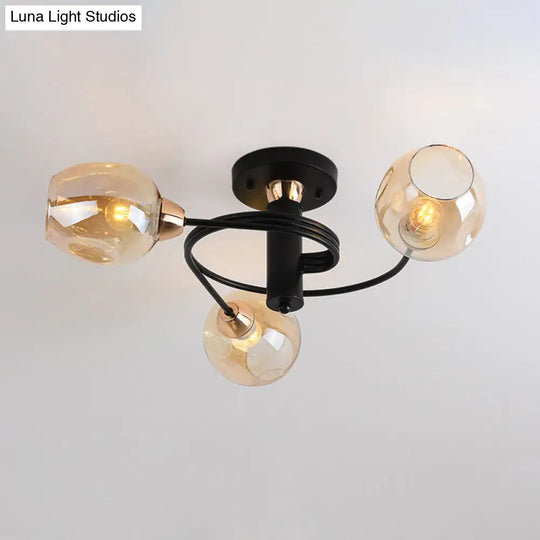 Spiraling Semi Flush Light With Dimpled Glass Shade For Postmodern Ceiling In Bedroom 3 / Black