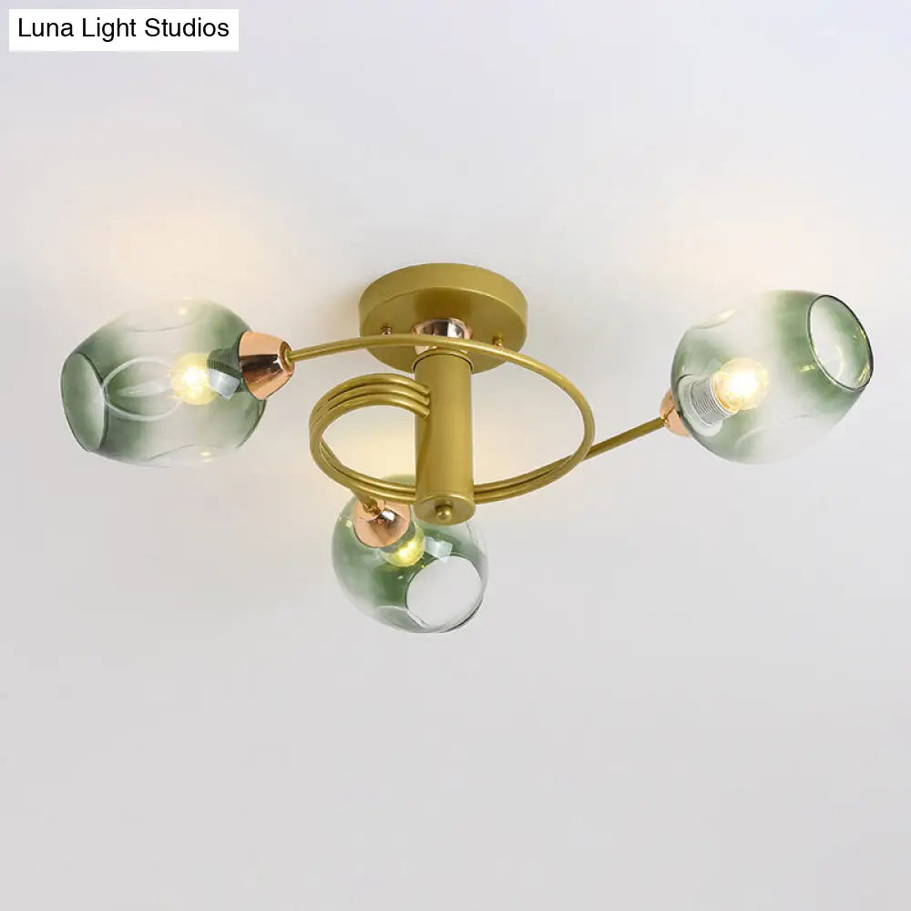 Spiraling Semi Flush Light With Dimpled Glass Shade For Postmodern Ceiling In Bedroom 3 / Gold Green