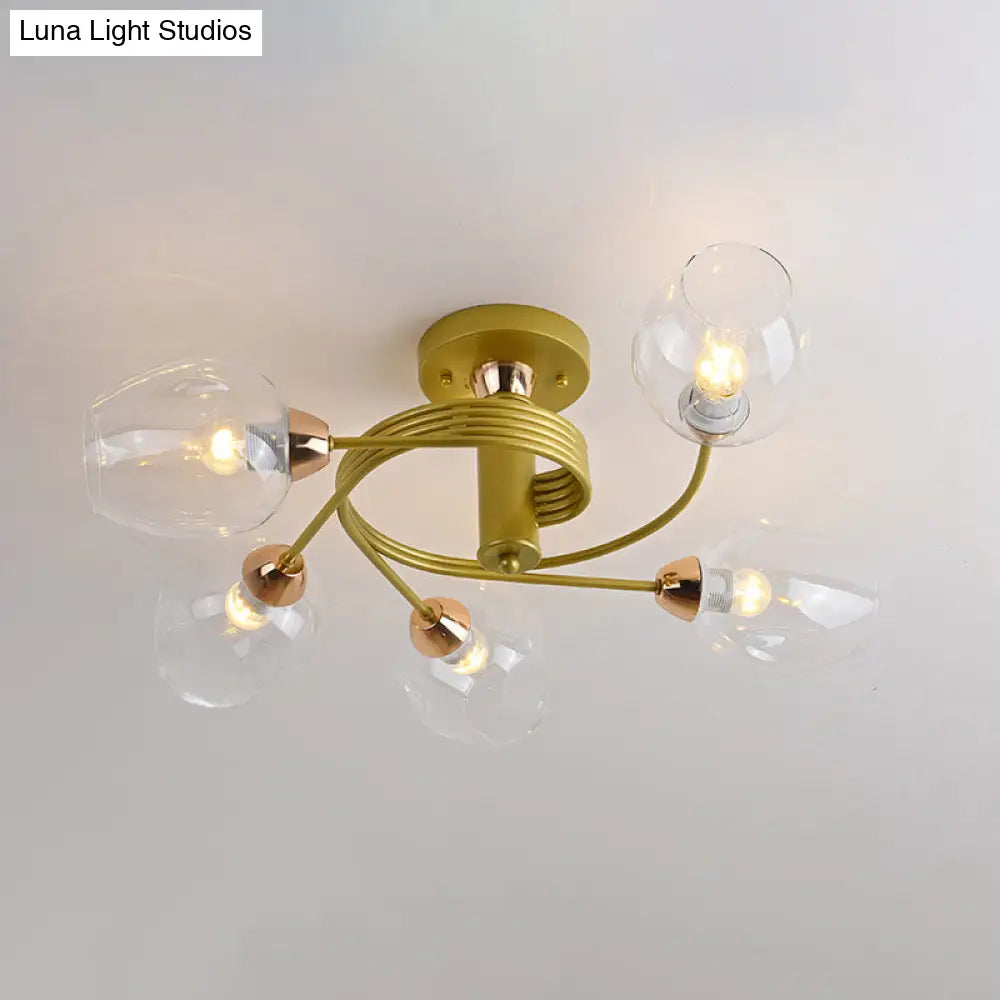 Spiraling Semi Flush Light With Dimpled Glass Shade For Postmodern Ceiling In Bedroom 5 / Gold Clear