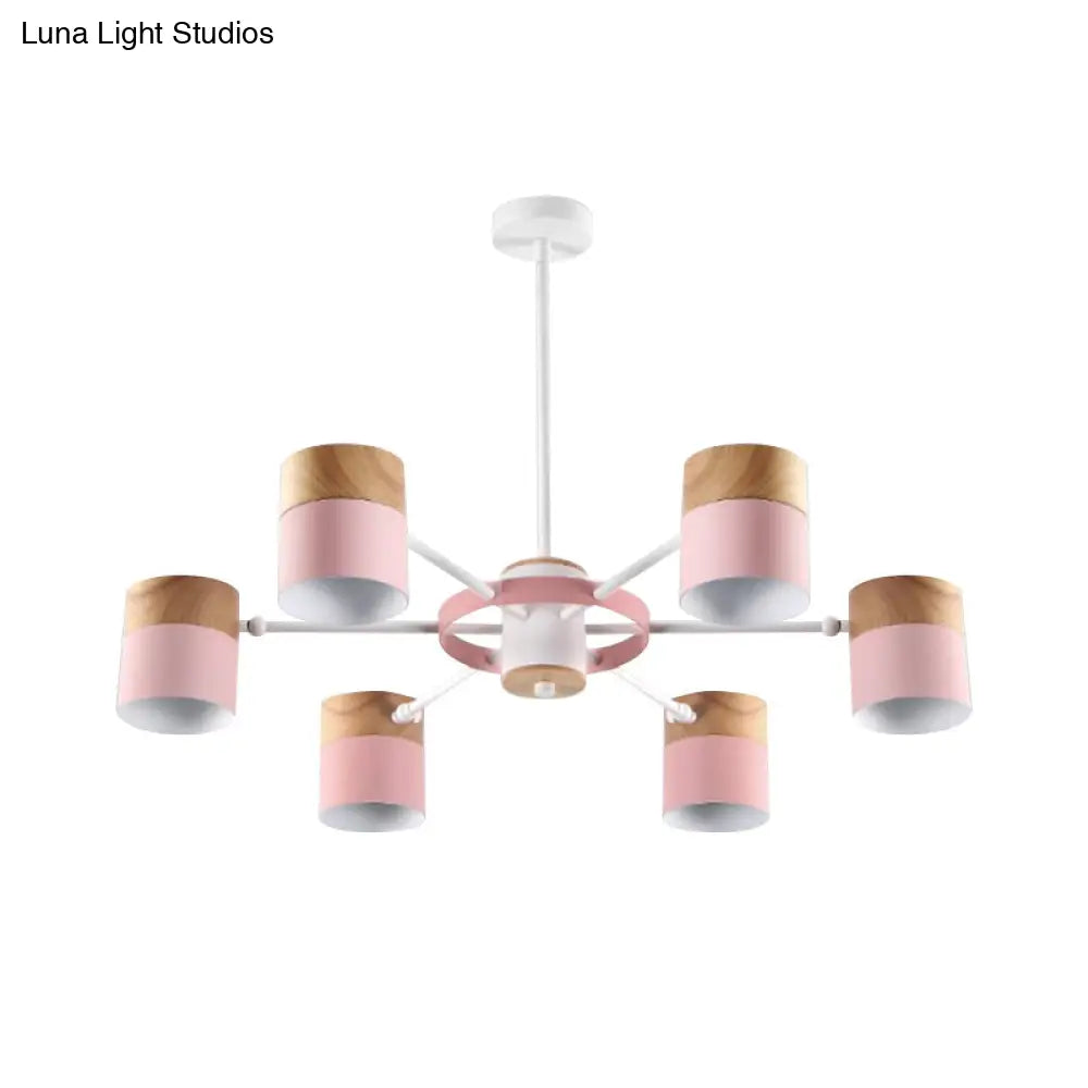 Splicing Cylinder Rotatable Chandelier: Macaron Iron 6-Head Ceiling Hanging Light In