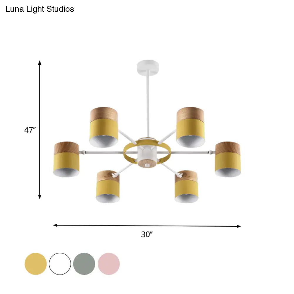 Splicing Cylinder Rotatable Chandelier: Macaron Iron 6-Head Ceiling Hanging Light In