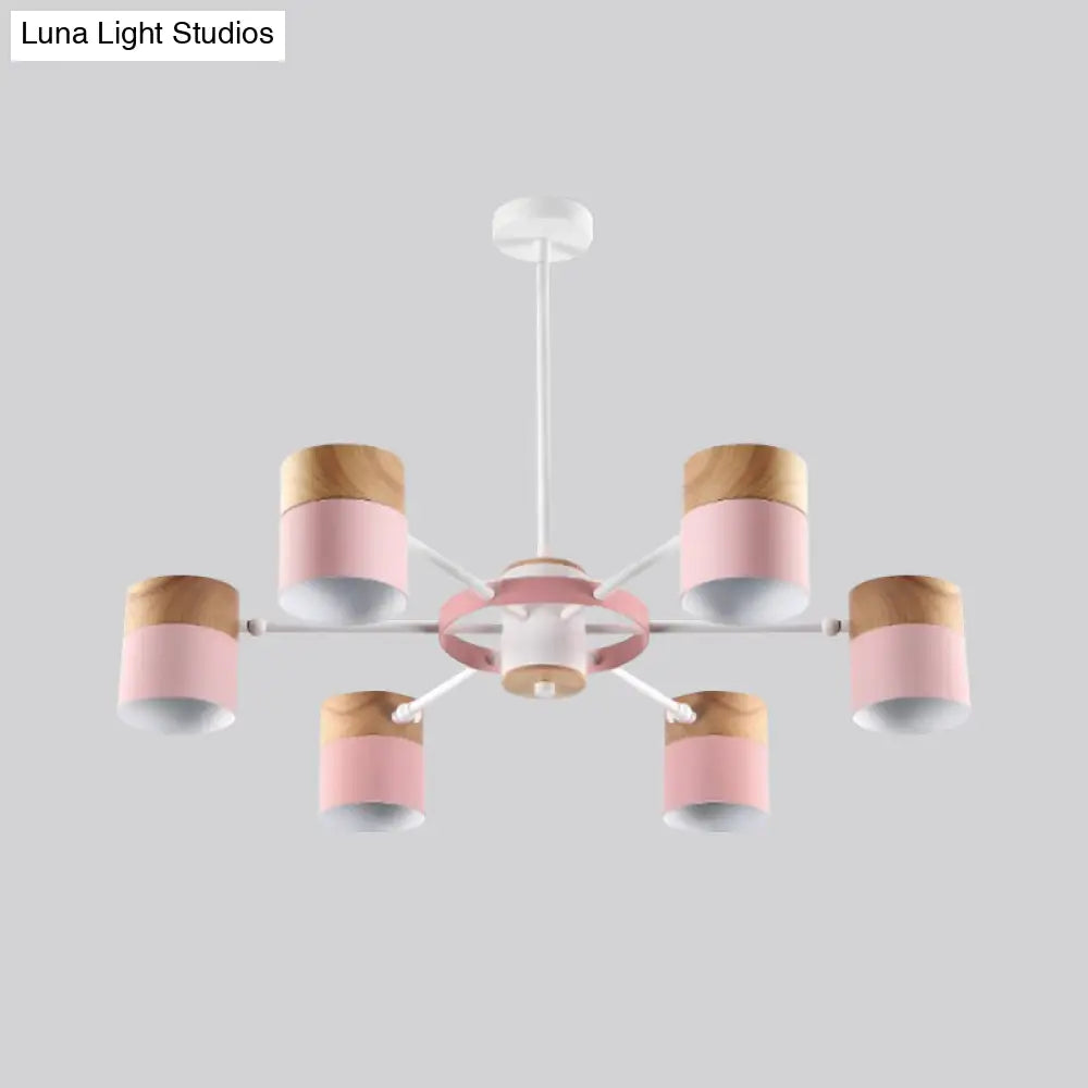 Splicing Cylinder Rotatable Chandelier: Macaron Iron 6-Head Ceiling Hanging Light In