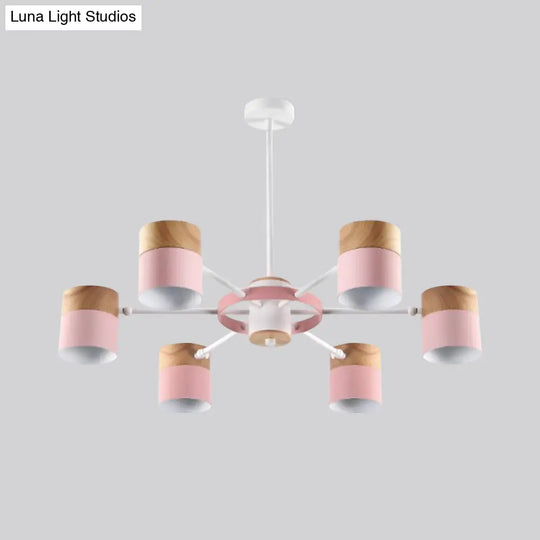 Splicing Cylinder Rotatable Chandelier: Macaron Iron 6-Head Ceiling Hanging Light In