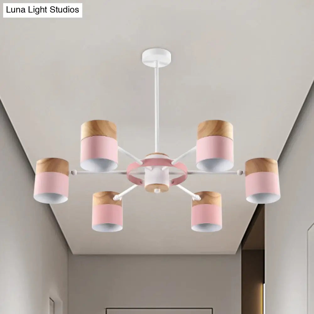 Splicing Cylinder Rotatable Chandelier: Macaron Iron 6-Head Ceiling Hanging Light In