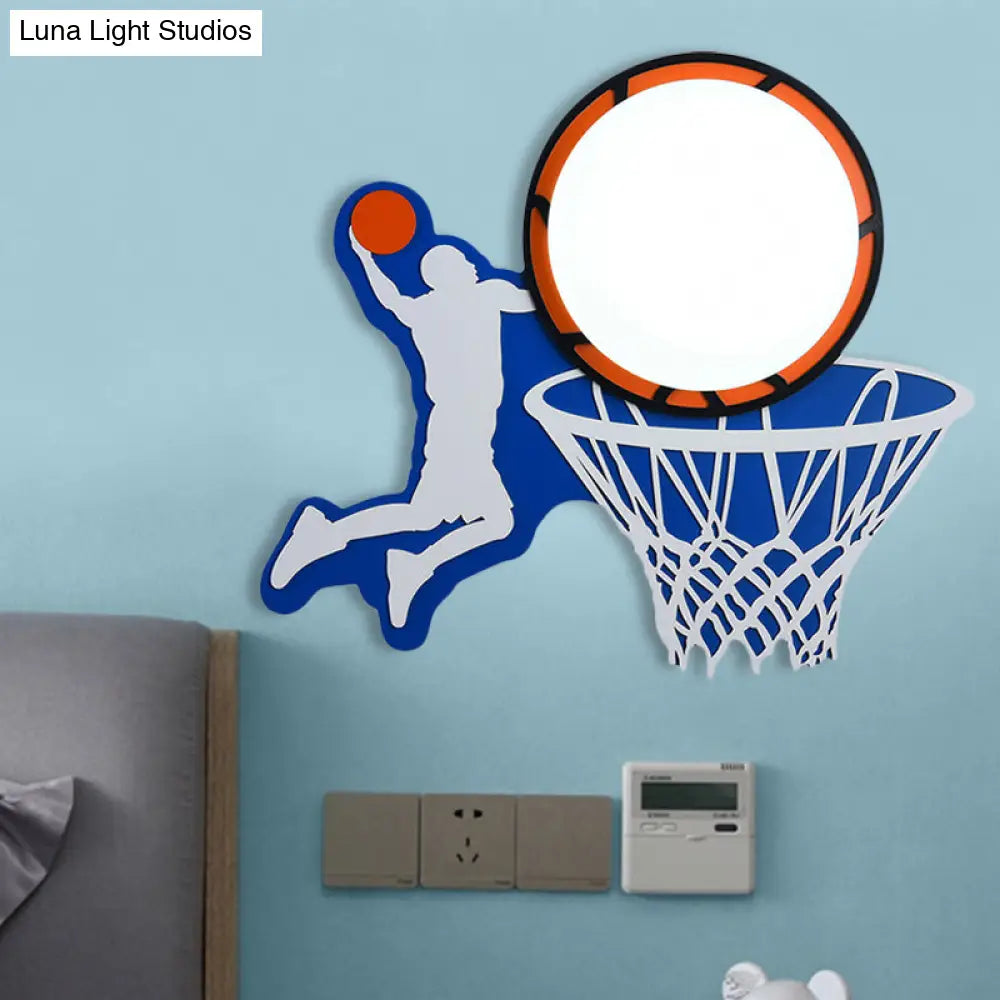 Sporty Wood Basketball Hoop Wall Light In Blue For Boys Bedroom Or Stairway