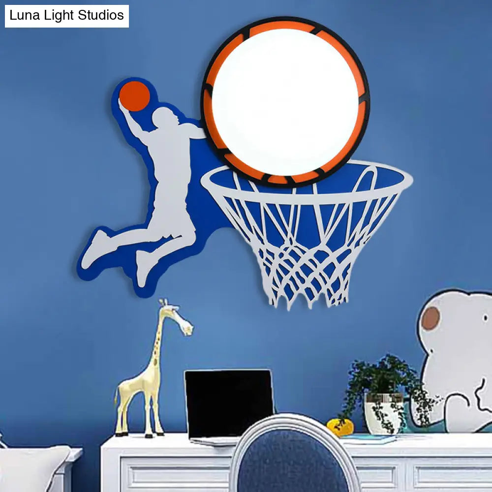 Sporty Wood Basketball Hoop Wall Light In Blue For Boys Bedroom Or Stairway