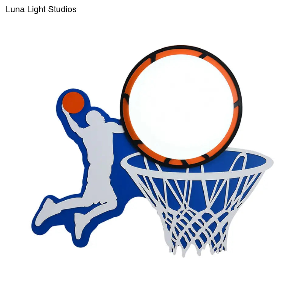 Sporty Wood Basketball Hoop Wall Light In Blue For Boys Bedroom Or Stairway