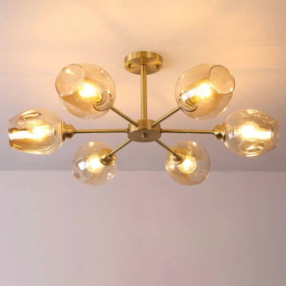 Sputnik Ceiling Mount Chandelier: Postmodern Cup Glass Parlor Flush Light In Brass 6 / Amber